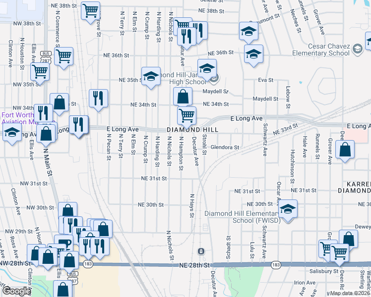 map of restaurants, bars, coffee shops, grocery stores, and more near 3302 North Hampton Street in Fort Worth