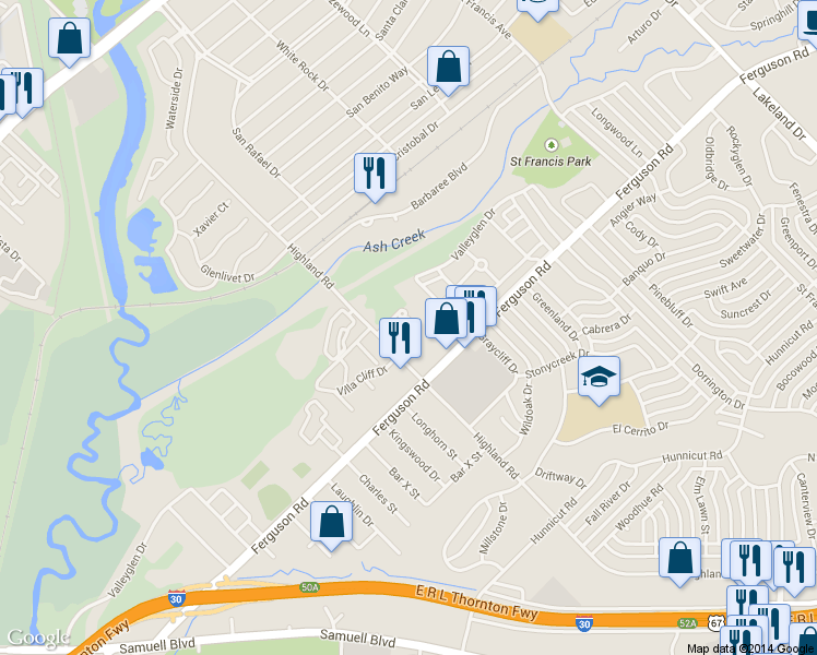 map of restaurants, bars, coffee shops, grocery stores, and more near 2165 Highland Road in Dallas