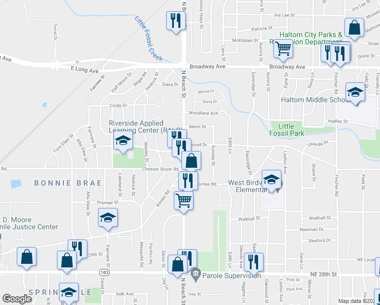 map of restaurants, bars, coffee shops, grocery stores, and more near 3334 North Beach Street in Haltom City