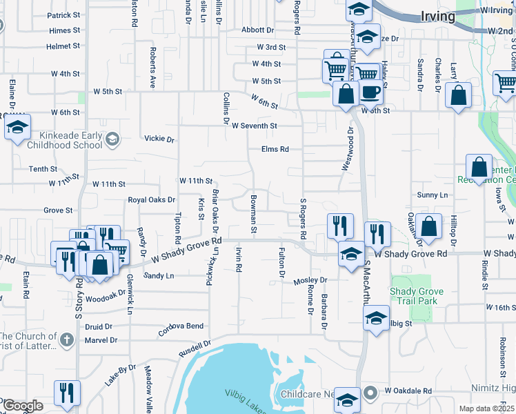 map of restaurants, bars, coffee shops, grocery stores, and more near 928 Bowman Street in Irving