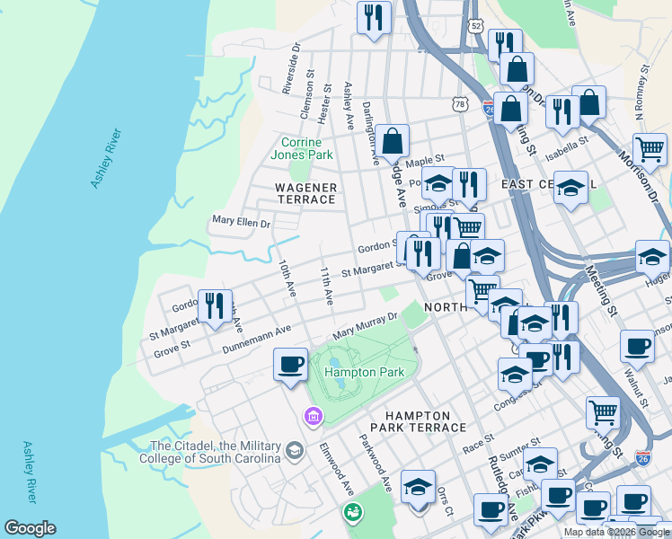map of restaurants, bars, coffee shops, grocery stores, and more near 74 Saint Margaret Street in Charleston