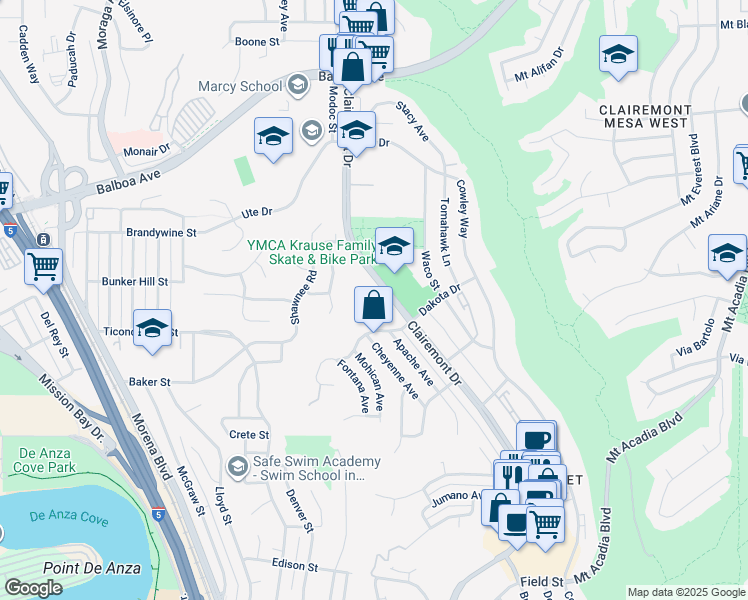 map of restaurants, bars, coffee shops, grocery stores, and more near 4840 Canyon View in San Diego
