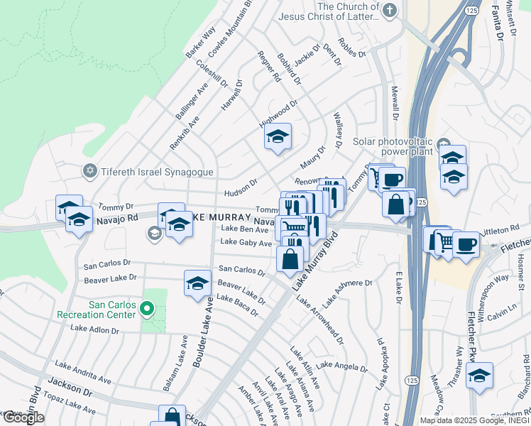 map of restaurants, bars, coffee shops, grocery stores, and more near 8437 Tommy Drive in San Diego