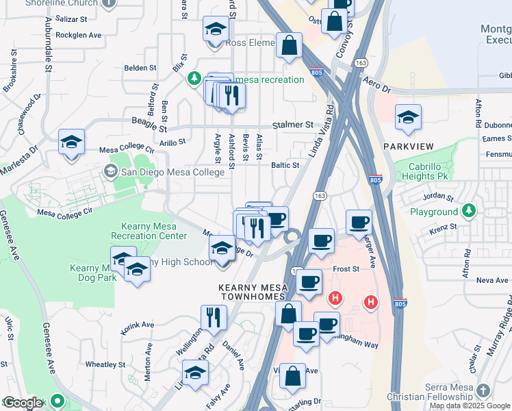 map of restaurants, bars, coffee shops, grocery stores, and more near 3248 Atlas Street in San Diego
