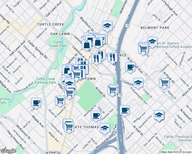 map of restaurants, bars, coffee shops, grocery stores, and more near 3433 Howell Street in Dallas