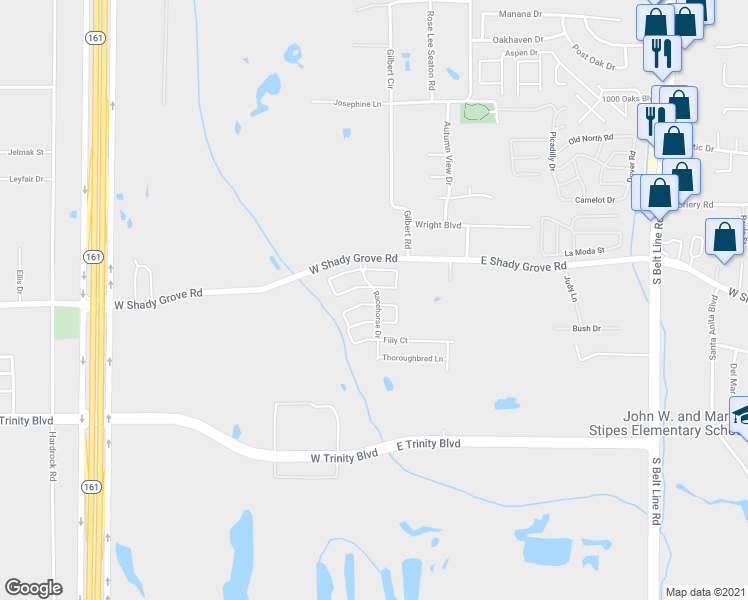 map of restaurants, bars, coffee shops, grocery stores, and more near 426 Quarter Horse Drive in Grand Prairie