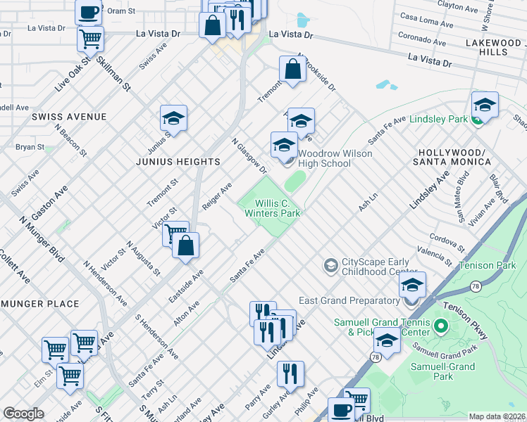 map of restaurants, bars, coffee shops, grocery stores, and more near 303 S Glasgow Dr in Dallas