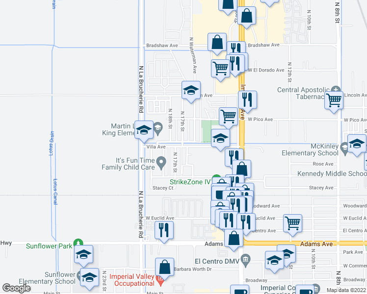 map of restaurants, bars, coffee shops, grocery stores, and more near 1693 Villa Avenue in El Centro