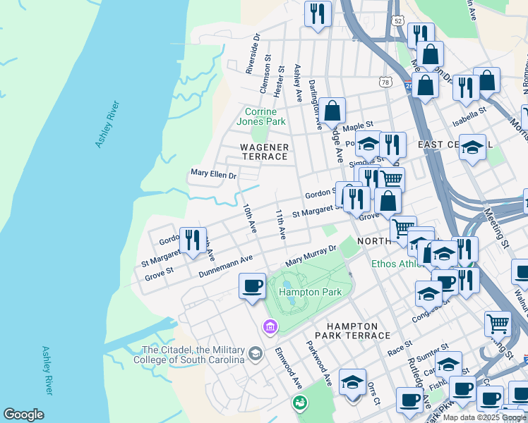 map of restaurants, bars, coffee shops, grocery stores, and more near 101 Gordon Street in Charleston