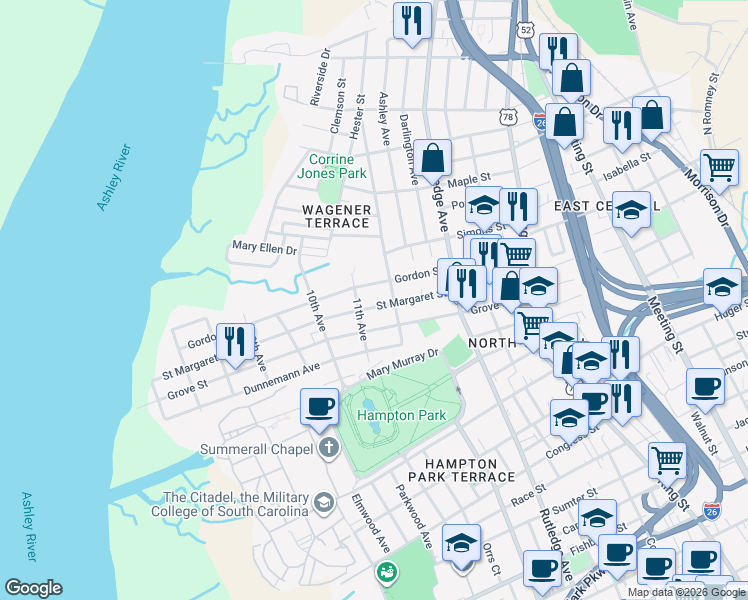 map of restaurants, bars, coffee shops, grocery stores, and more near 72 Saint Margaret Street in Charleston