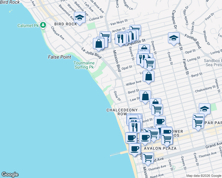 map of restaurants, bars, coffee shops, grocery stores, and more near 4938 Crystal Drive in San Diego
