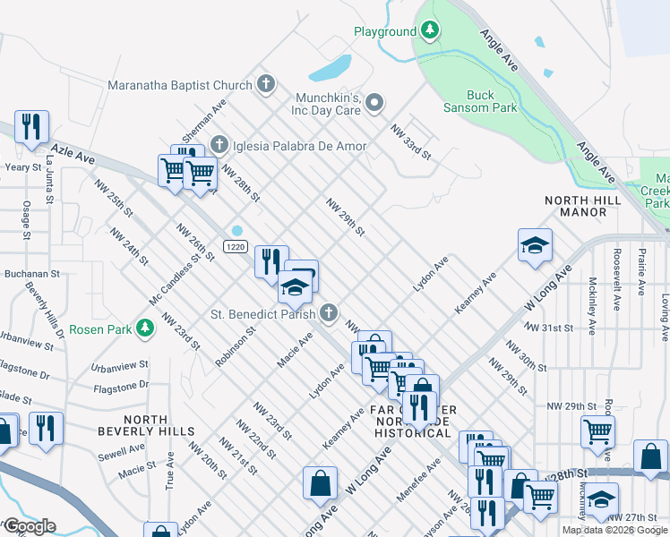map of restaurants, bars, coffee shops, grocery stores, and more near 3014 Northwest 28th Street in Fort Worth