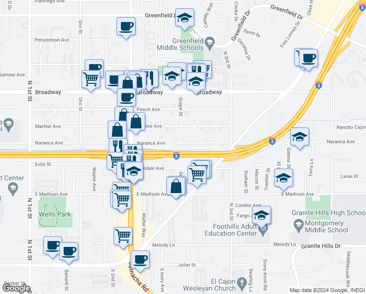 map of restaurants, bars, coffee shops, grocery stores, and more near 681 Grape Street in El Cajon