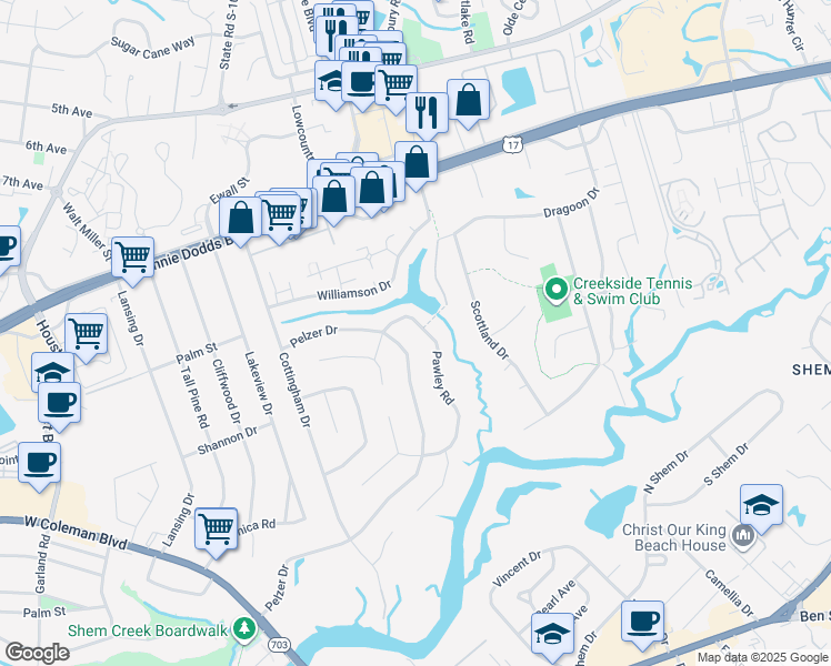 map of restaurants, bars, coffee shops, grocery stores, and more near 659 Pawley Road in Mount Pleasant