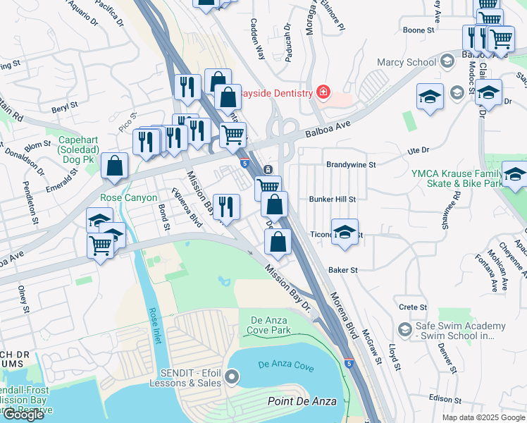 map of restaurants, bars, coffee shops, grocery stores, and more near Bunker Hill Street & Del Rey Street in San Diego