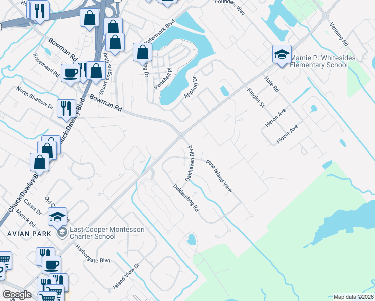 map of restaurants, bars, coffee shops, grocery stores, and more near 1410 School House Road in Mount Pleasant