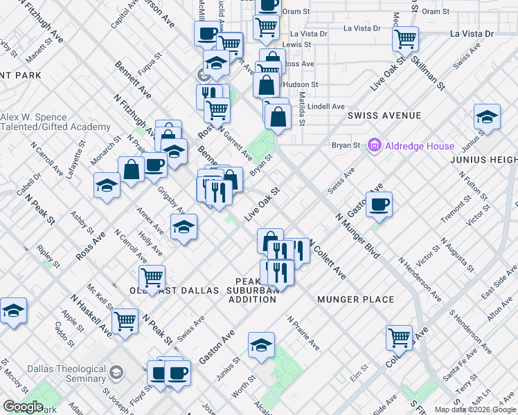 map of restaurants, bars, coffee shops, grocery stores, and more near Live Oak St & Bennett Ave in Dallas