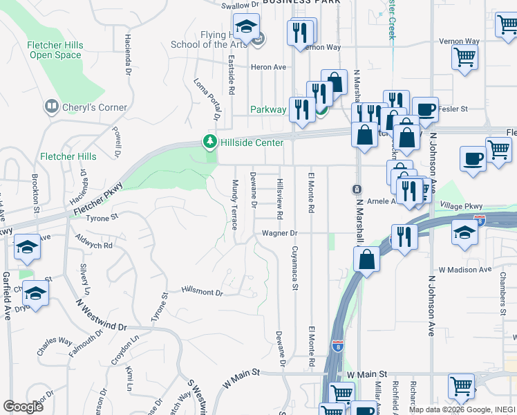 map of restaurants, bars, coffee shops, grocery stores, and more near 675 Dewane Drive in El Cajon