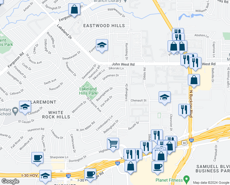 map of restaurants, bars, coffee shops, grocery stores, and more near 8533 Van Pelt Drive in Dallas