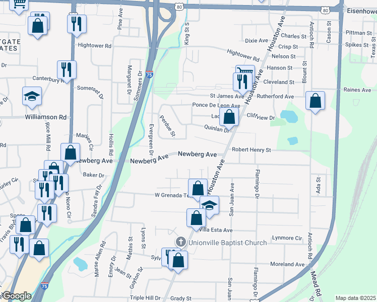 map of restaurants, bars, coffee shops, grocery stores, and more near 859 Newberg Avenue in Macon