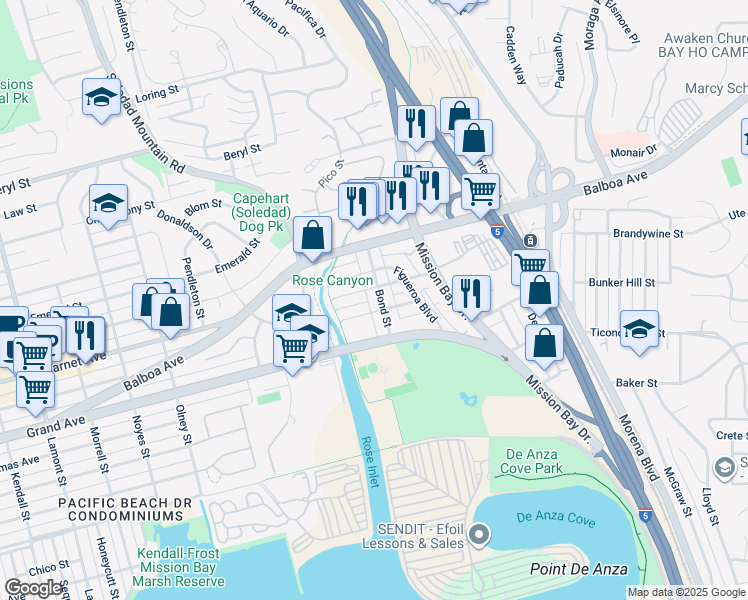 map of restaurants, bars, coffee shops, grocery stores, and more near 4450 Bond Street in San Diego