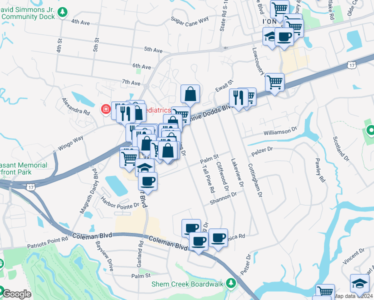 map of restaurants, bars, coffee shops, grocery stores, and more near 931 Lansing Drive in Mount Pleasant