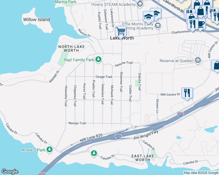 map of restaurants, bars, coffee shops, grocery stores, and more near 3201 Mohawk Trail in Lake Worth