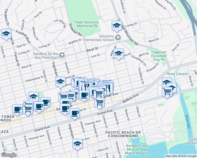 map of restaurants, bars, coffee shops, grocery stores, and more near 1927 Diamond Street in San Diego