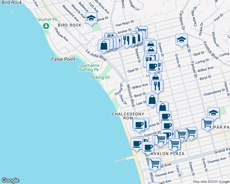 map of restaurants, bars, coffee shops, grocery stores, and more near 4926 Crystal Drive in San Diego