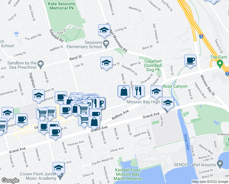 map of restaurants, bars, coffee shops, grocery stores, and more near 2151 Emerald Street in San Diego