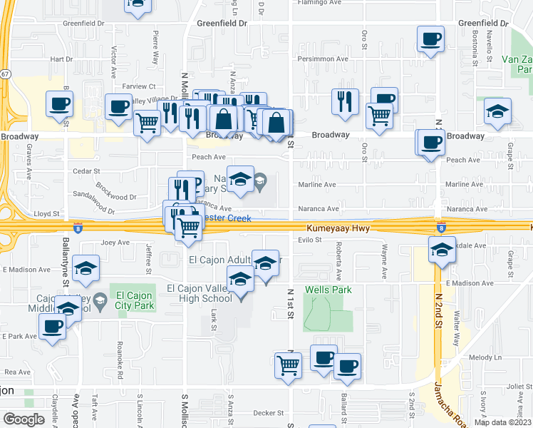 map of restaurants, bars, coffee shops, grocery stores, and more near 1055 Naranca Avenue in El Cajon