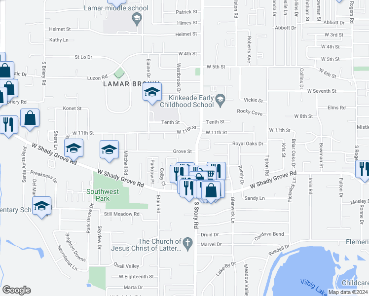 map of restaurants, bars, coffee shops, grocery stores, and more near 2423 Grove Street in Irving