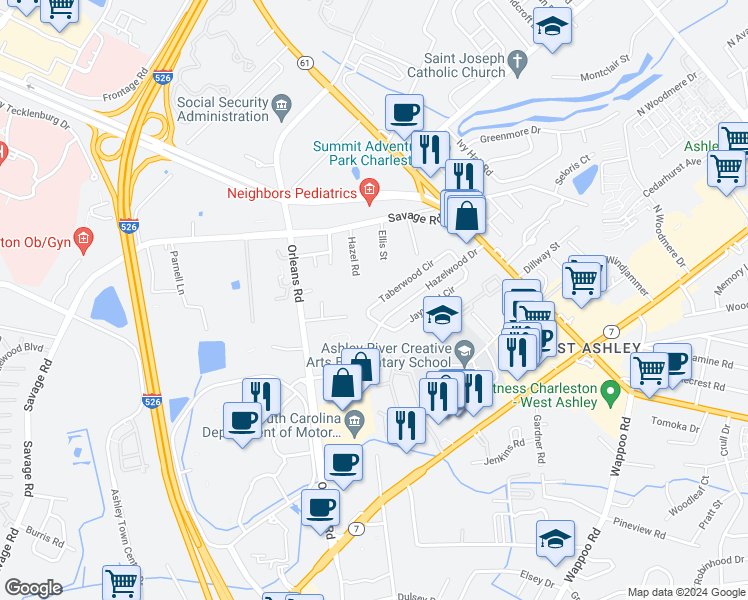 map of restaurants, bars, coffee shops, grocery stores, and more near 1880 Taberwood Circle in Charleston