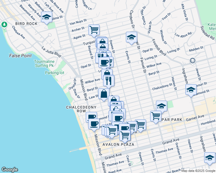 map of restaurants, bars, coffee shops, grocery stores, and more near in San Diego