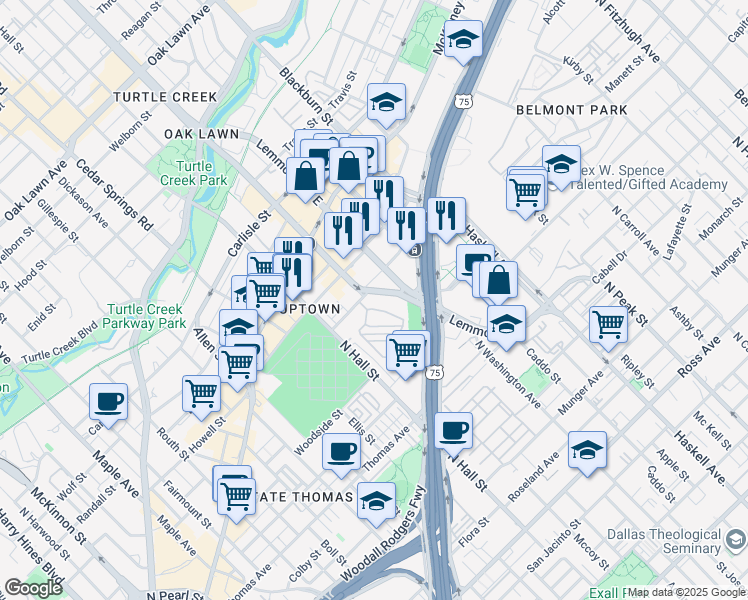 map of restaurants, bars, coffee shops, grocery stores, and more near 3502 Howell Street in Dallas
