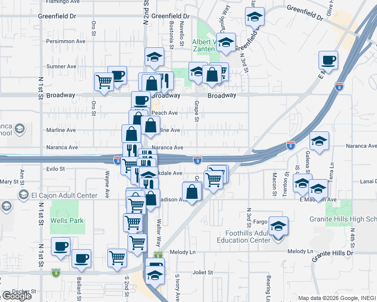 map of restaurants, bars, coffee shops, grocery stores, and more near 1373 Naranca Avenue in El Cajon