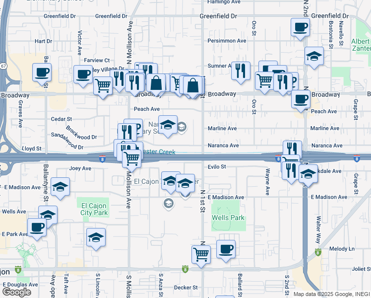 map of restaurants, bars, coffee shops, grocery stores, and more near 1059 Naranca Avenue in El Cajon