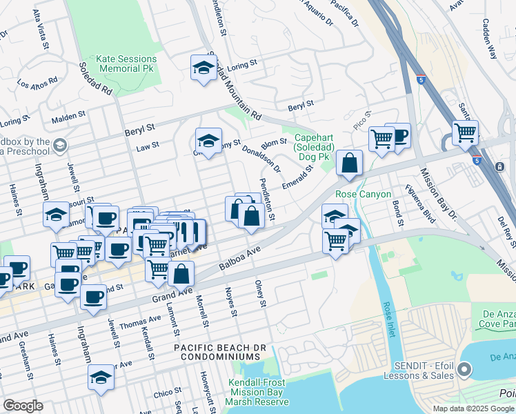 map of restaurants, bars, coffee shops, grocery stores, and more near 2228 Felspar Street in San Diego