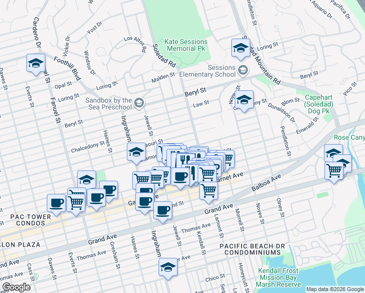 map of restaurants, bars, coffee shops, grocery stores, and more near in San Diego