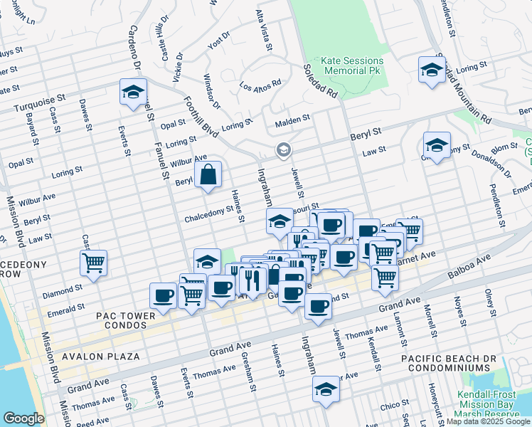 map of restaurants, bars, coffee shops, grocery stores, and more near 1536 Missouri Street in San Diego