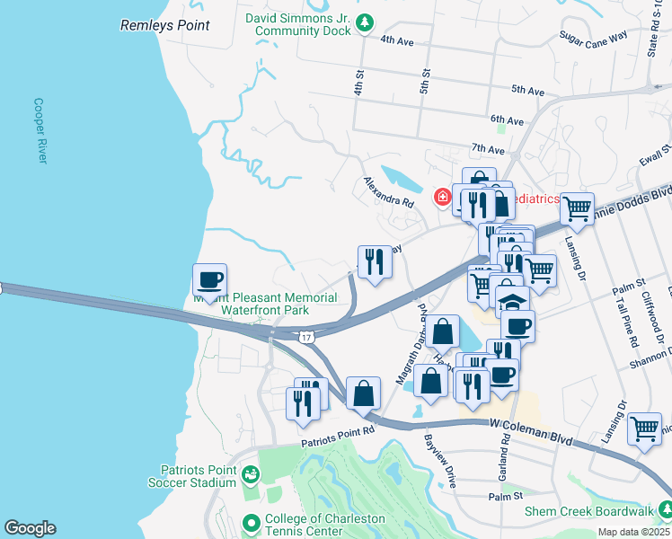 map of restaurants, bars, coffee shops, grocery stores, and more near 155 Wingo Way in Mount Pleasant