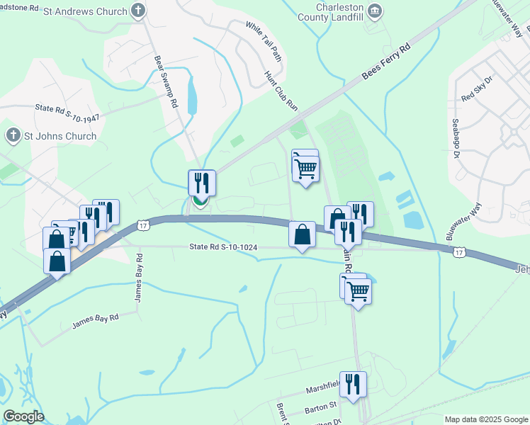 map of restaurants, bars, coffee shops, grocery stores, and more near 3677 Ocean Highway in Johns Island