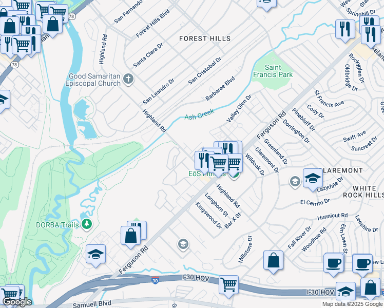 map of restaurants, bars, coffee shops, grocery stores, and more near 2121 Highland Road in Dallas