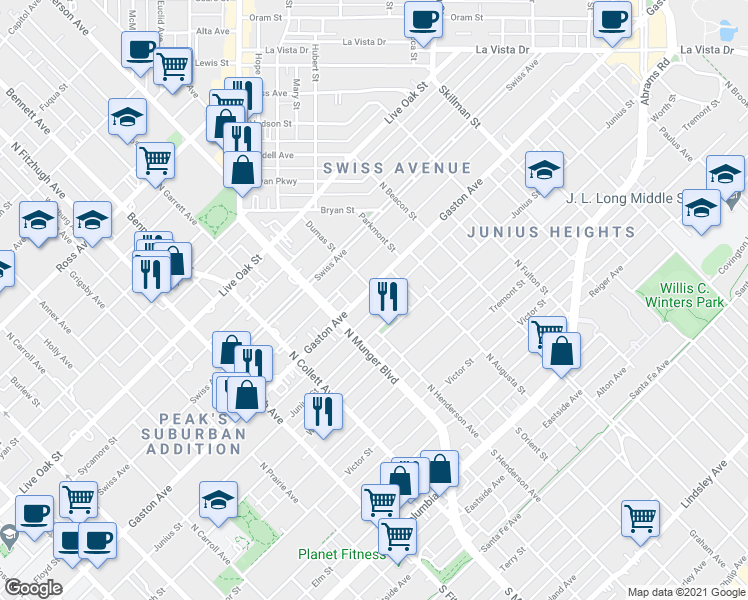 map of restaurants, bars, coffee shops, grocery stores, and more near 5300 Gaston Avenue in Dallas
