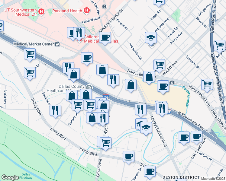 map of restaurants, bars, coffee shops, grocery stores, and more near 2222 North Stemmons Freeway in Dallas