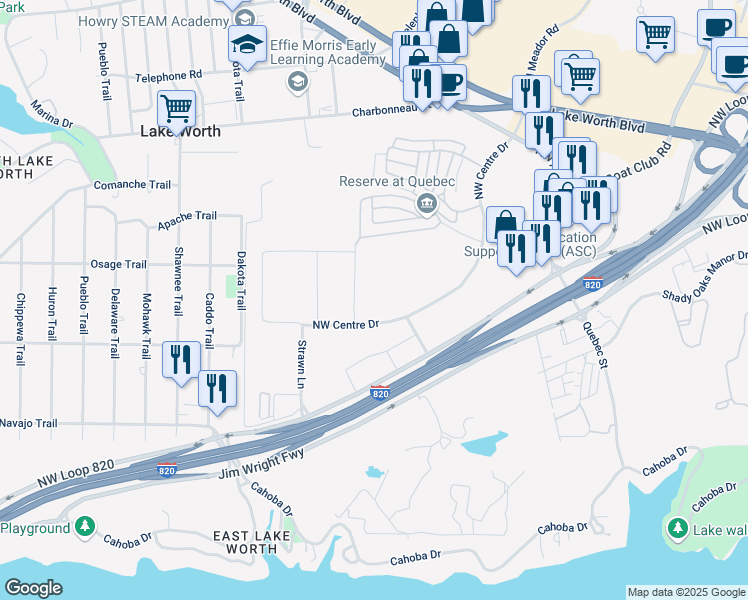 map of restaurants, bars, coffee shops, grocery stores, and more near 2925 Royalty in Fort Worth