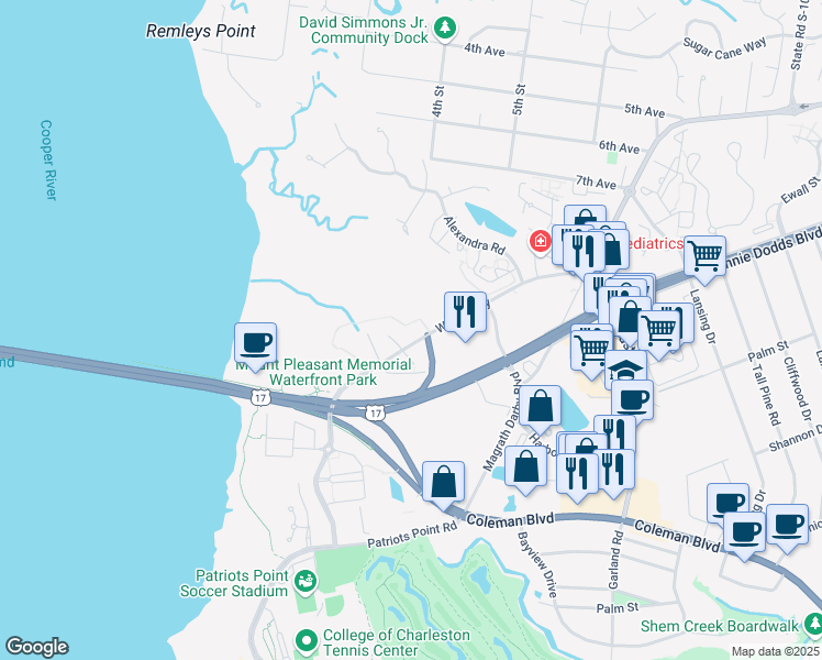 map of restaurants, bars, coffee shops, grocery stores, and more near 155 Wingo Way in Mount Pleasant