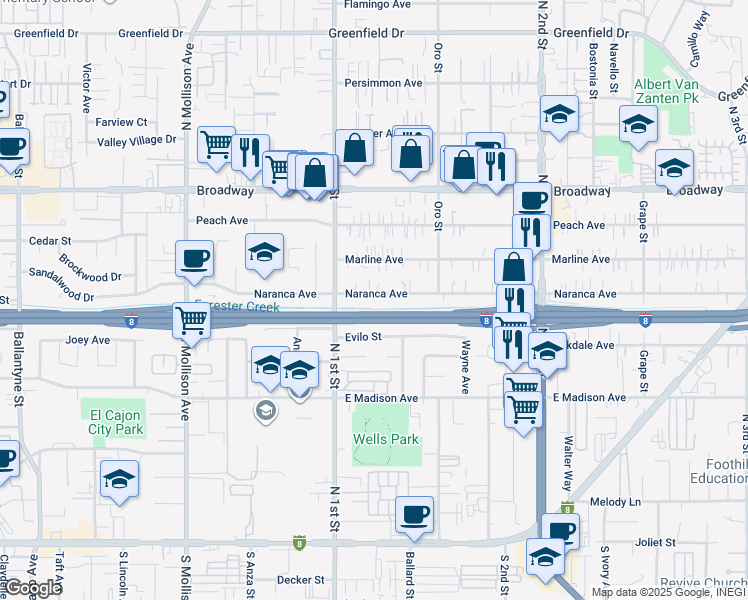 map of restaurants, bars, coffee shops, grocery stores, and more near 1141 Naranca Avenue in El Cajon