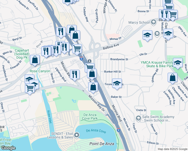 map of restaurants, bars, coffee shops, grocery stores, and more near El Camino Real in San Diego