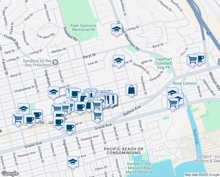map of restaurants, bars, coffee shops, grocery stores, and more near 2036-38 Emerald Street in San Diego